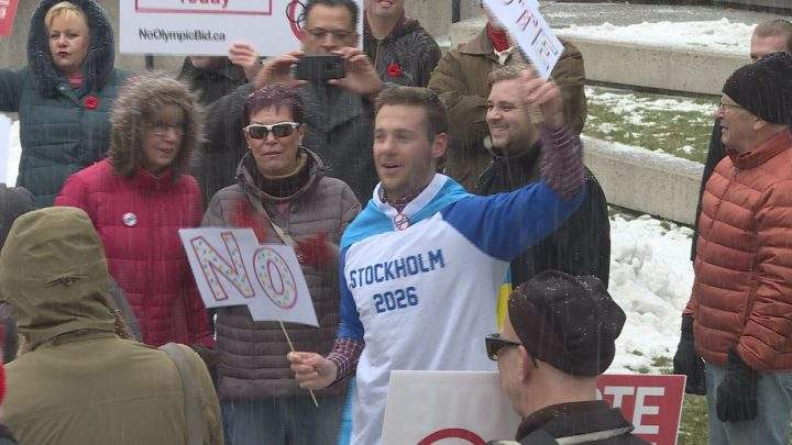 No Calgary Olympics hosted a rally at Olympic Plaza on Saturday.