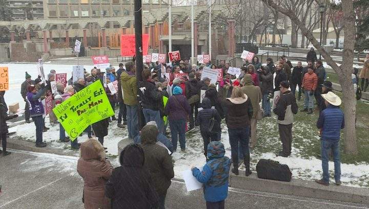 No Calgary Olympics hosted a rally at Olympic Plaza on Saturday.