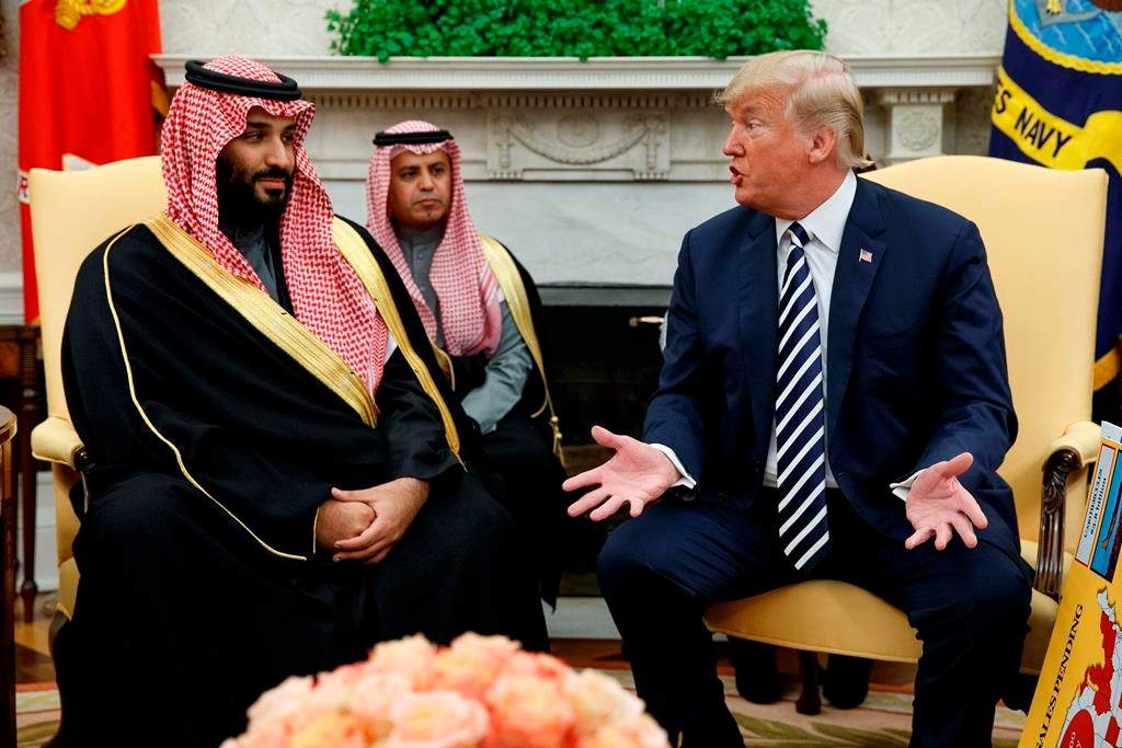 FILE – In this March 20, 2018, file photo, President Donald Trump meets with Saudi Crown Prince Mohammed bin Salman in the Oval Office of the White House in Washington. The prince and Trump are attending the upcoming Group of 20 summit in Argentina. (AP Photo/Evan Vucci, File)