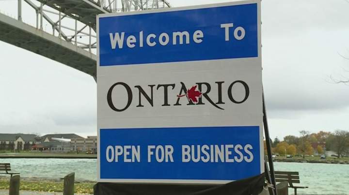 Premier Doug Ford unveiled this "Ontario open for business" sign in Sarnia Friday Morning. Ford said the signs will be places at every Ontario border with the U.S.