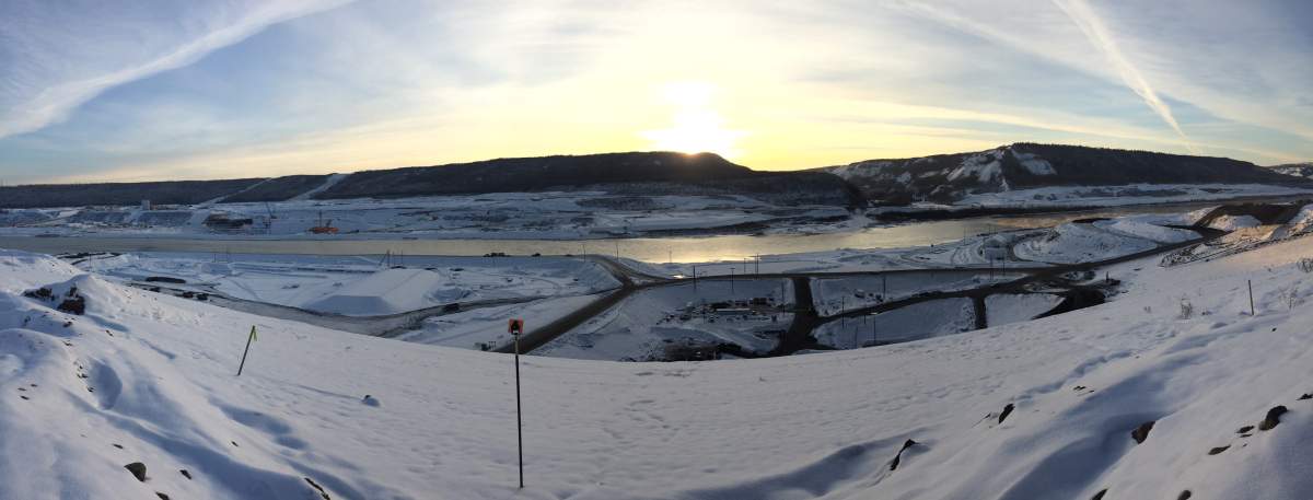 A panorama looking at the Peace River from the north bank of the Site C project