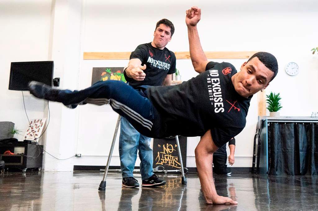 Samuel Henrique 'Samuka' de Silveira Lima of the ILL-Abilities breakdance crew rehearses as Luca 'Lazylegz' Patuelli looks on in Montreal on Wednesday, November 14, 2018. The team of differently-abled dancers celebrates its 10th anniversary by throwing a one-of-a-kind jam in collaboration with Les Grands Ballets Canadiens de Montreal on Saturday.THE CANADIAN PRESS/Paul Chiasson.