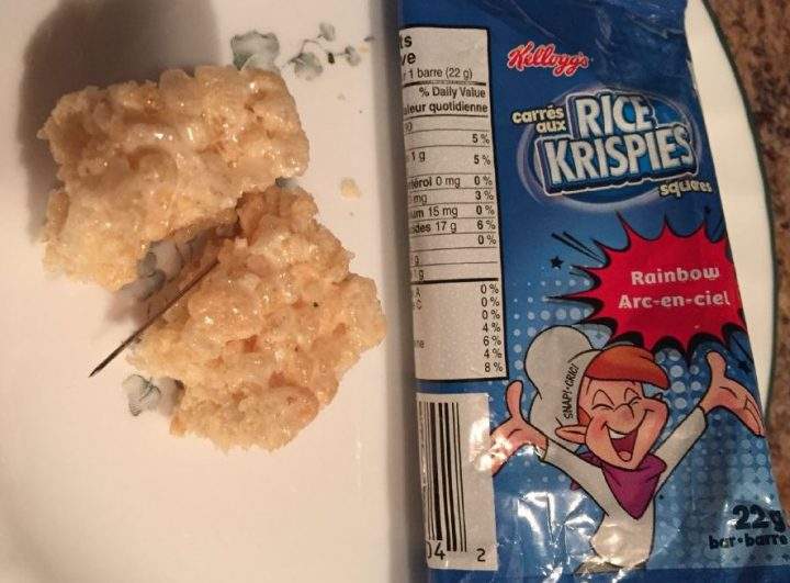 A young girl in Strathmore opened a Rice Krispies square to find an once-inch pin inside the treat, so her mom inspected it, RCMP said.  