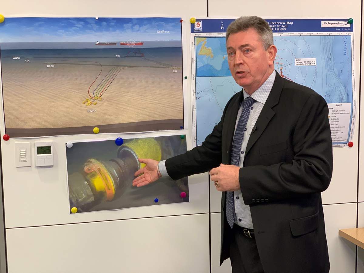 Husky Energy executive Trevor Pritchard briefs media on Nov. 20 about the oil spill at the company's SeaRose platform.