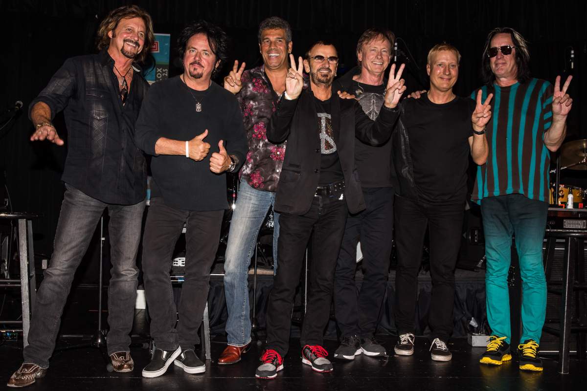 (L-R) Gregg Rolie, Steve Lukather, Mark Rivera, Ringo Starr, Richard Page, Gregg Bissonette and Todd Rundgren at a conference on Oct. 23, 2013 in Hollywood, Calif.