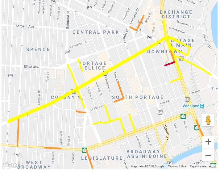 Yellow sections on a map included on City of Winnipeg website show the roads closed for the parade Saturday.