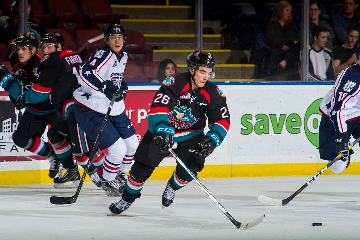Liam Kindree of the Kelowna Rockets skates for the puck during WHL action on October 13, 2018, against the Tri-City Americans at Prospera Place in Kelowna. Tri-City won 5-4.