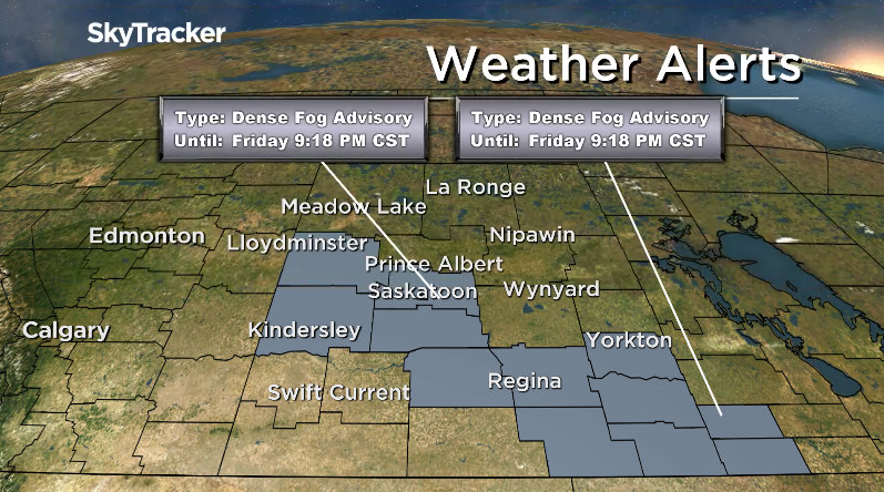 Near zero visibility is occurring in parts of Saskatchewan, including Saskatoon and Regina, due to widespread fog.