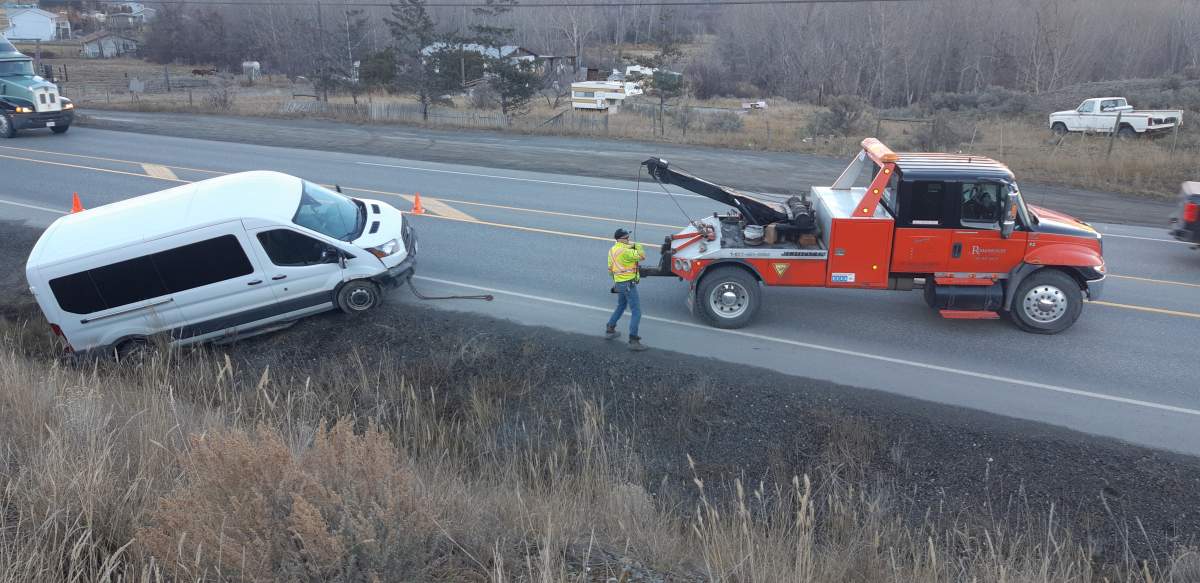 A tow truck on scene of a bus crash north of Cache Creek. Credit: Simon Hergott.