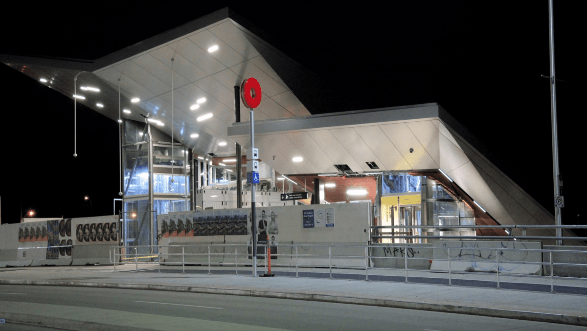 A photograph of the Pimisi light rail transit station, located just west of downtown Ottawa.