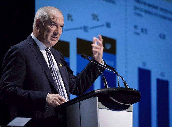 Suncor president and CEO Steve Williams addresses the company's annual meeting in Calgary, Wednesday, May 2, 2018.