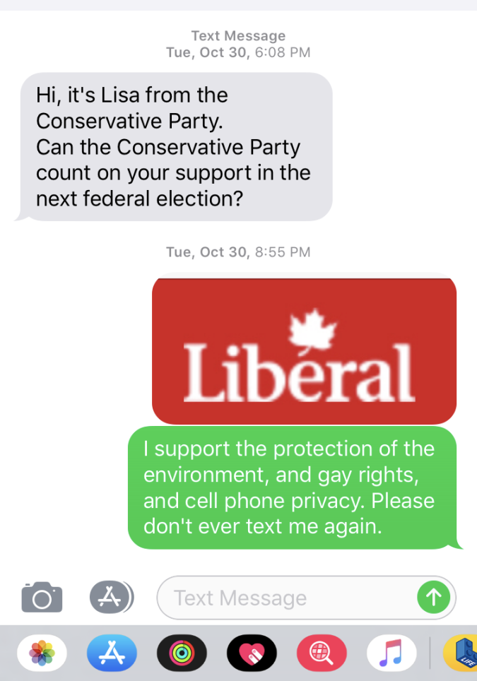 A Kingston resident received a text from the Conservative Party asking for her support.