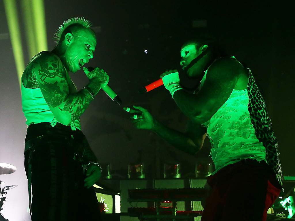 Keith Flint and Maxim Reality of The Prodigy perform live on stage at O2 Academy Brixton on December 21, 2017 in London, England.