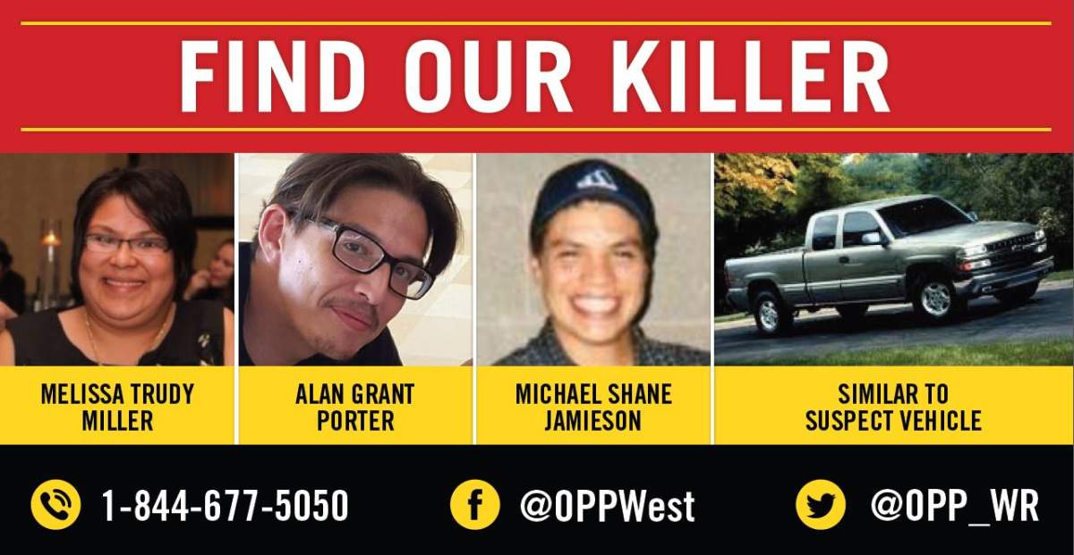 A poster urging people to come forward with information about a triple homicide, shared on Twitter by West Region OPP.