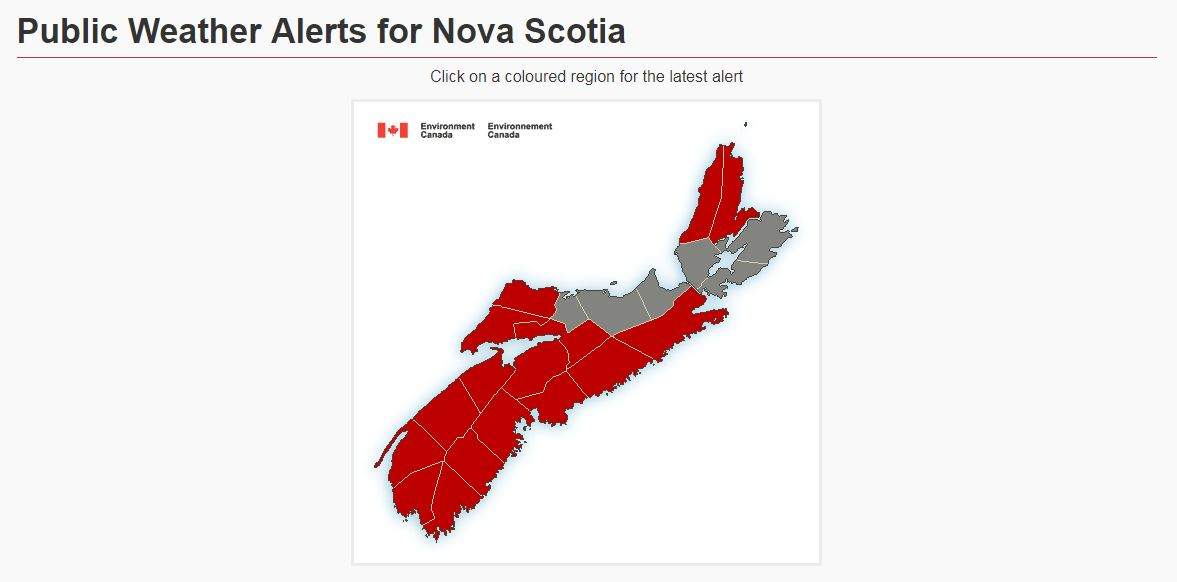 All counties in Nova Scotia aside from Colchester North, Pictou, Antigonish, Inverness South, Richmond and Sydney, are under rain and wind warnings.