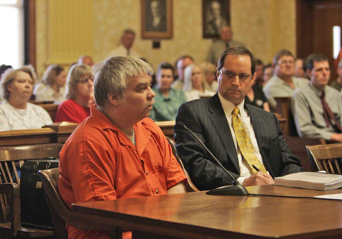 In this June 1, 2007, file photo, Steven Avery, left, appears during his sentencing as his attorney Jerome Buting listens at the Manitowoc County Courthouse in Manitowoc, Wis.