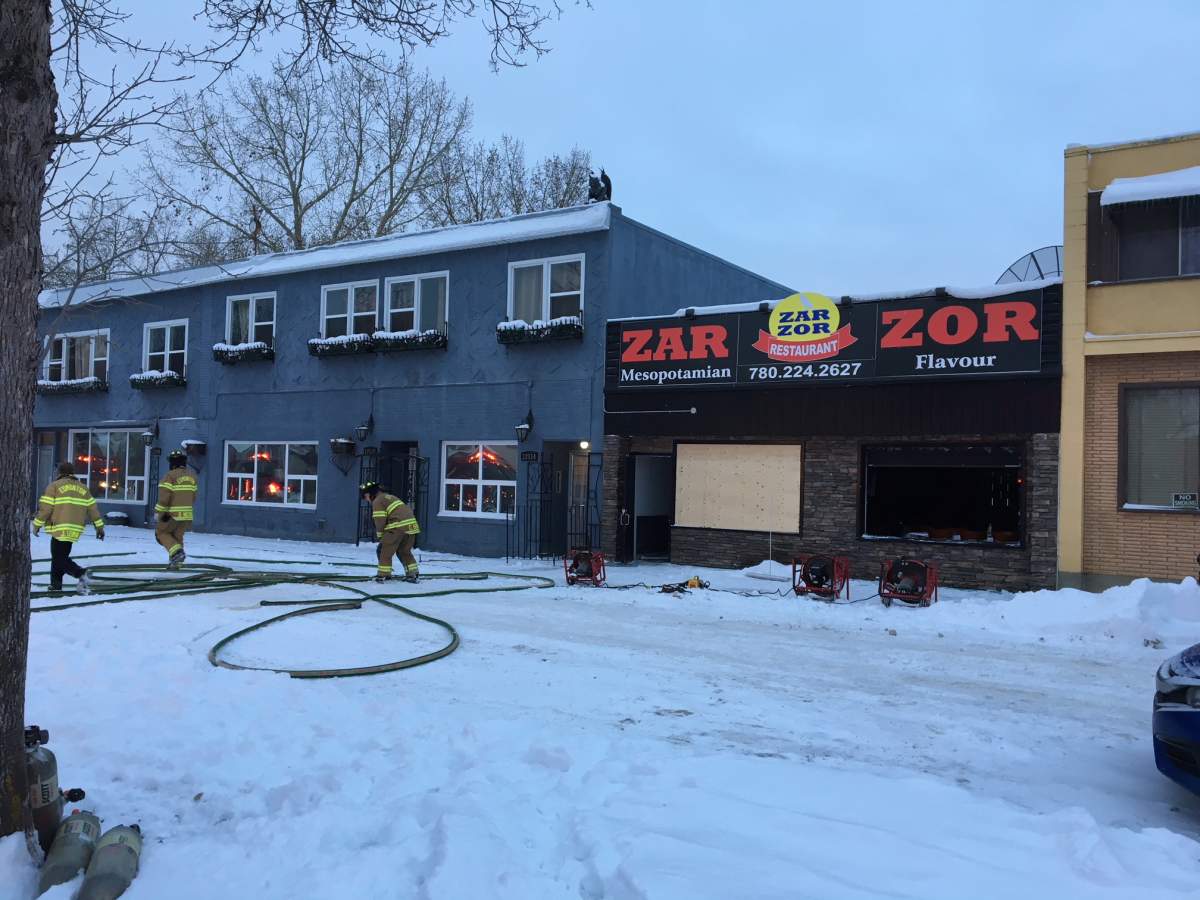 A fire broke out at Zar Zor restaurant at 121 Avenue and 90 Street in Edmonton on Dec. 5, 2018.