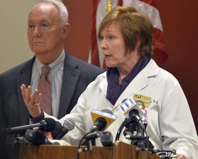 In this Oct. 3, 2014 file photo, Dr. Brenda Fitzgerald, then-commissioner of the Georgia Dept of Public Health, talks about precautions the public can take against Ebola at the Cobb County Jail in Marietta, Ga.