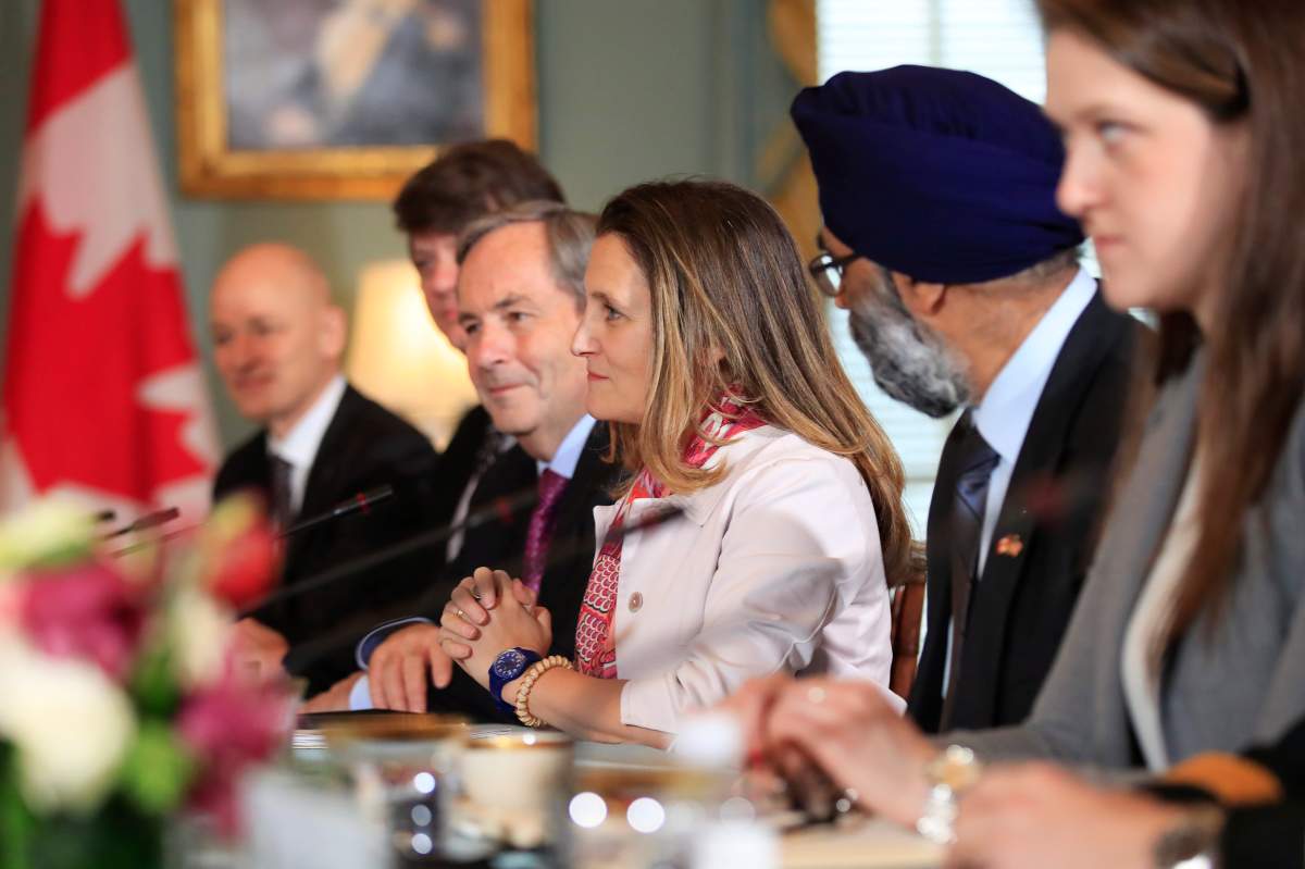 Canadian Minister of Foreign Affairs Chrystia Freeland, center, and Canadian Minister of Defense Harjit Sajjan, second from right, attend a U.S.-Canada 2+2 Ministerial at the State Department in Washington, Friday, Dec. 14, 2018.