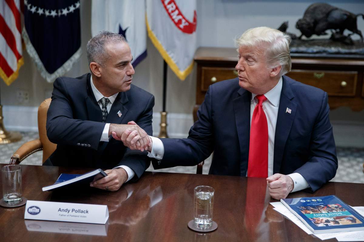 President Donald Trump shakes hands with Andy Pollack, the father of a Parkland school shooting victim, after a roundtable discussion on the Federal Commission on School Safety report in the White House in Washington, D.C., Dec. 18, 2018.
