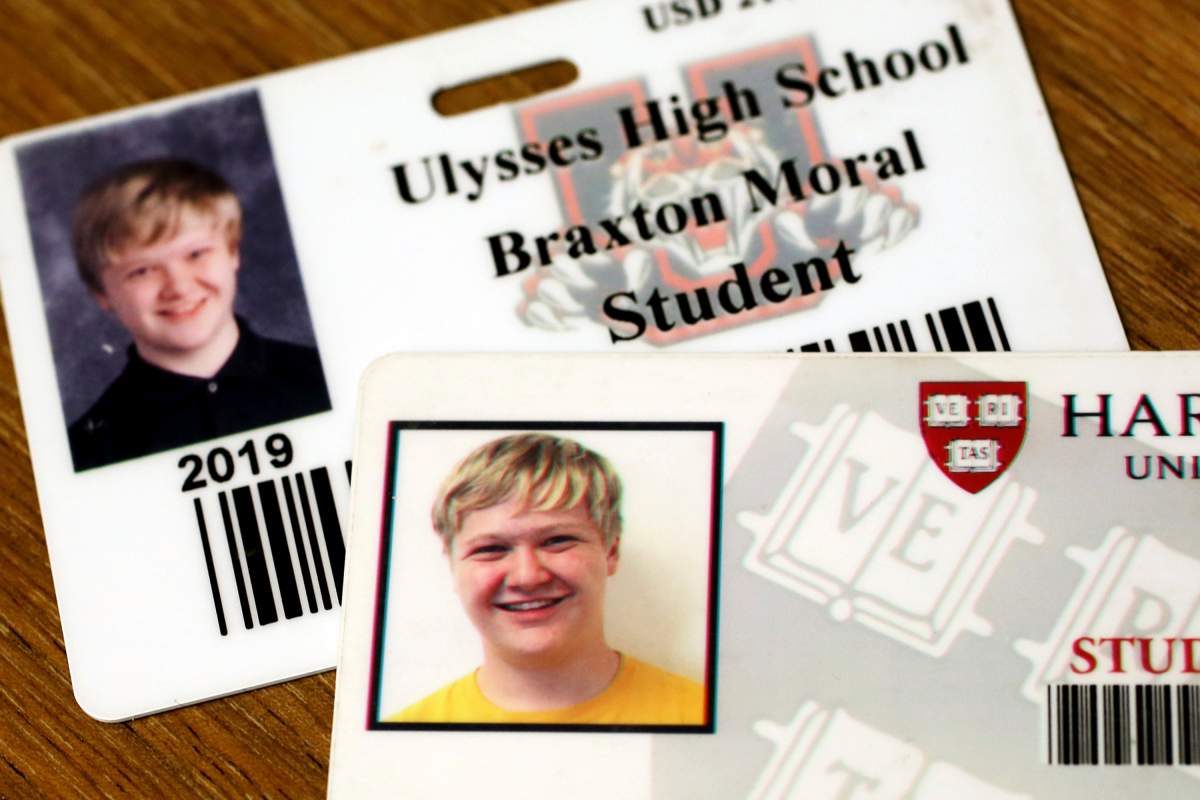 This photo shows the high school and Harvard University identification cards which Ulysses High School senior Braxton Moral carries because he is currently attending both schools concurrently.