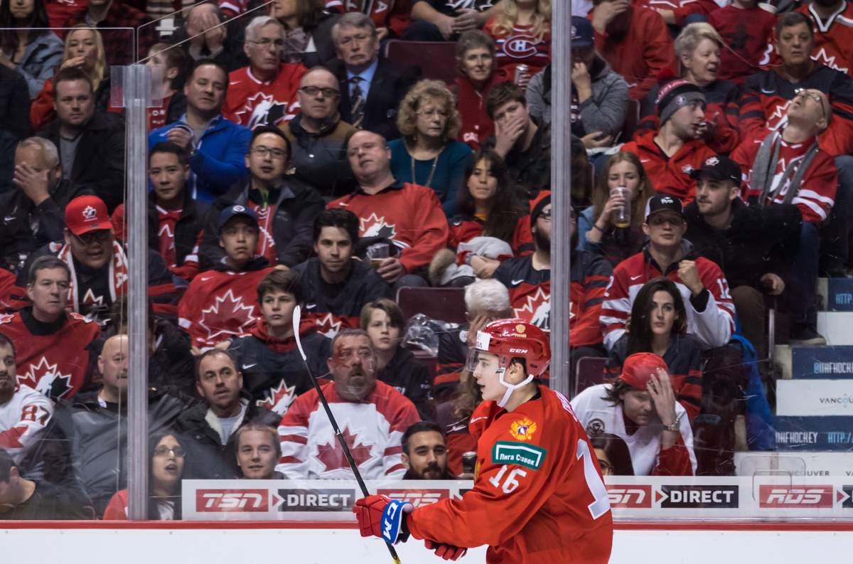 Russia’s Pavel Shen (16) celebrates his goal during third period IIHF world junior hockey championship action against Canada, in Vancouver on Monday, Dec. 31, 2018.