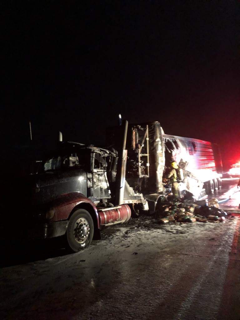 The remnants of a tractor trailer following a fire on the 401 near Chatham in the early morning hours of Thursday, Dec. 20, 2018.