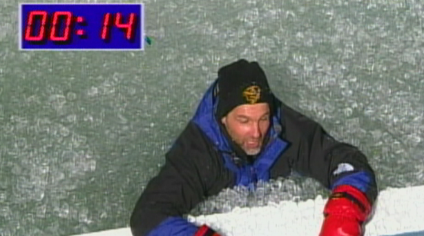 Dr. Gordon Giesbrecht conducting a cold weather experiment on the David Letterman Show.