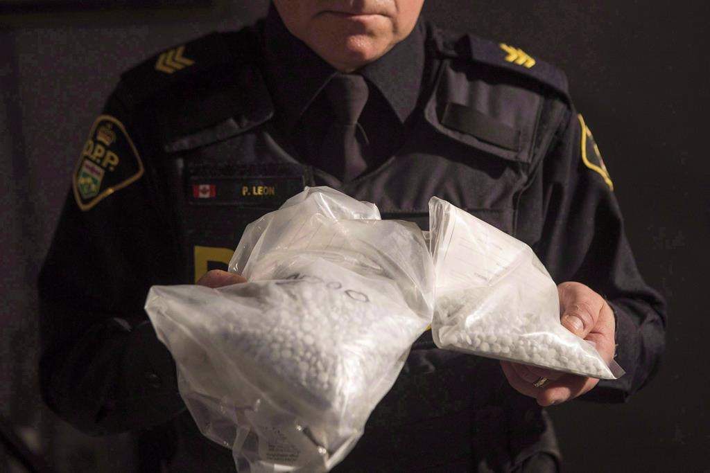 An officer displays bags containing fentanyl as Ontario Provincial Police host a news conference.