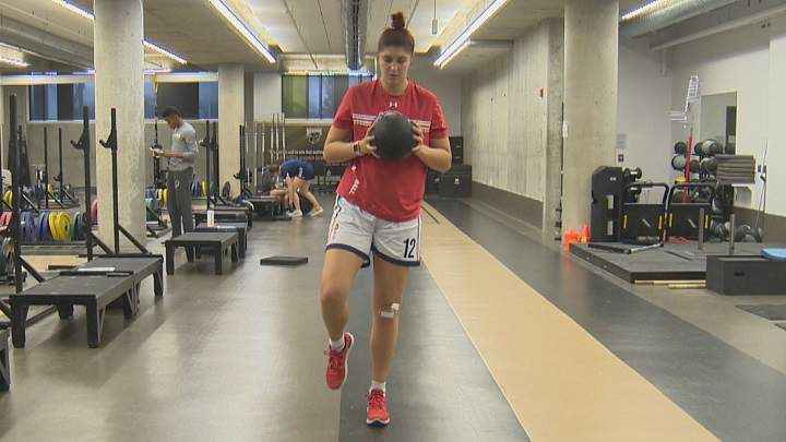 Winnipeg pro basketball player Emily Potter does rehab exercises to heal her injured knee after surgery.