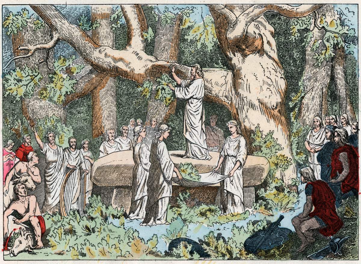 Druids Cutting the Mistletoe on the sixth day of the moon engraving from “Nos Gloires Nationales — Images et recits.”
