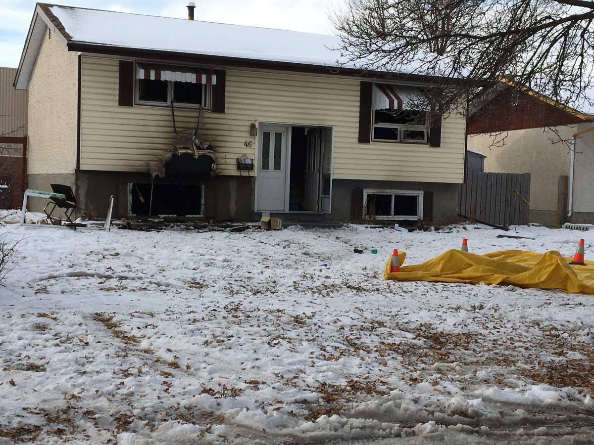 The aftermath of a fire on Martel Crescent that killed one person, and their dog,.