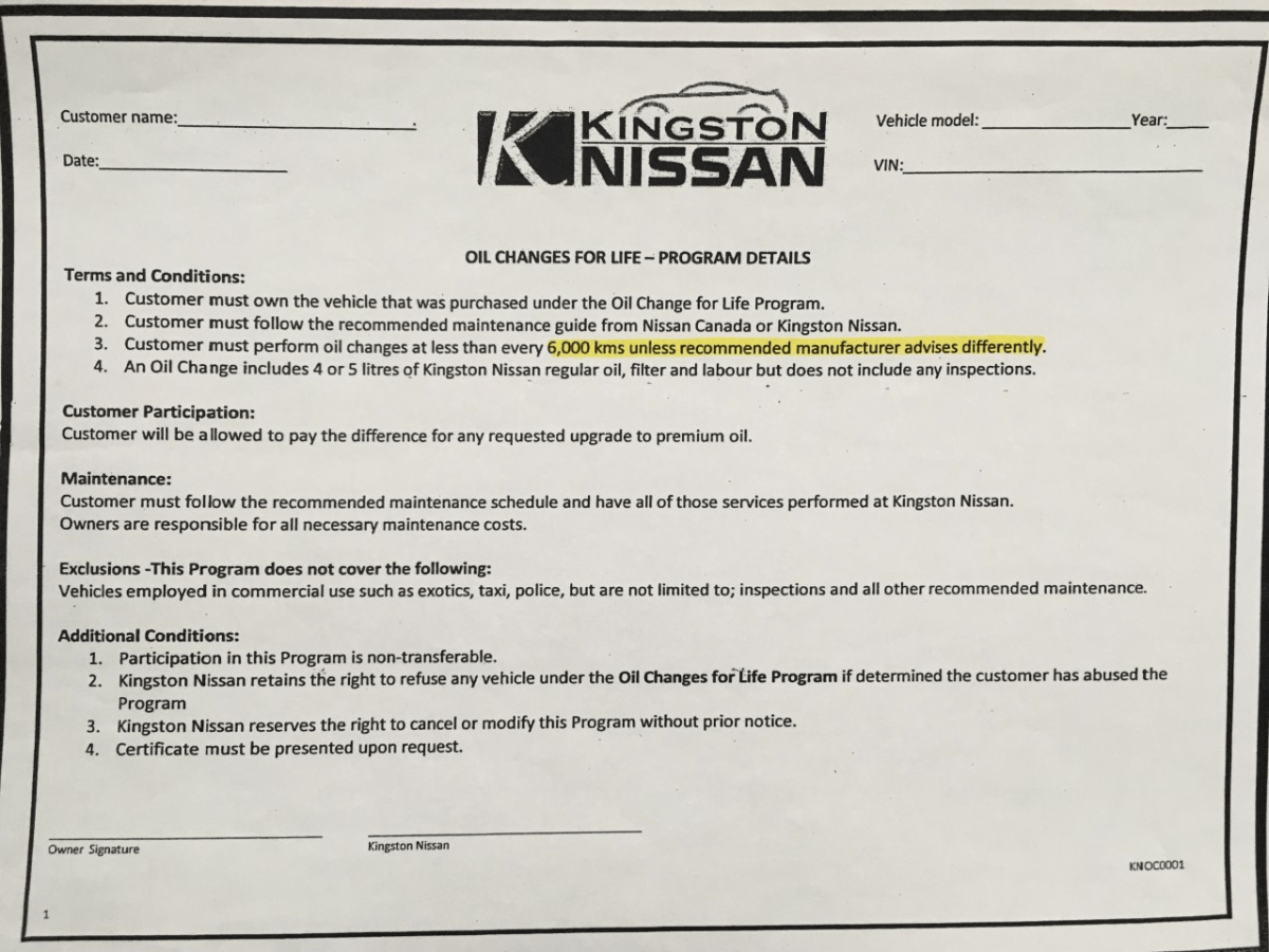 A photo sent in by a car owner shows an unsigned contract she say she was sent after she had already been signed on to the free oil change program for years.