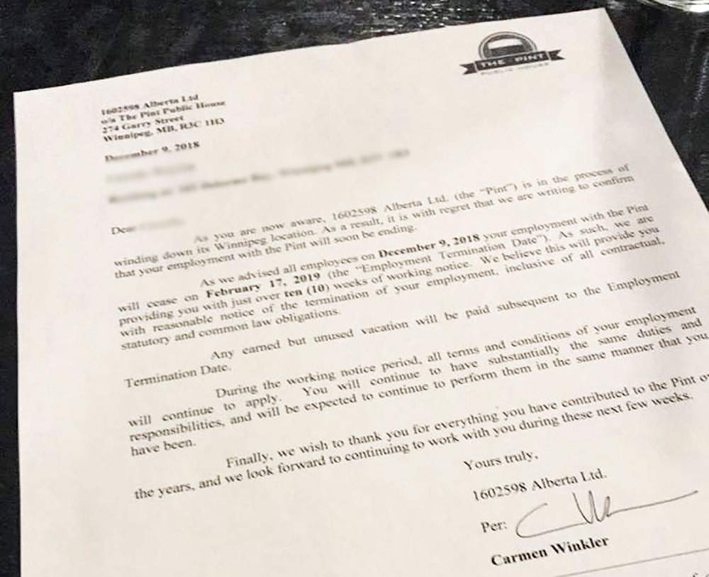A letter sent to a Pint employee about the restaurant’s impending closure.