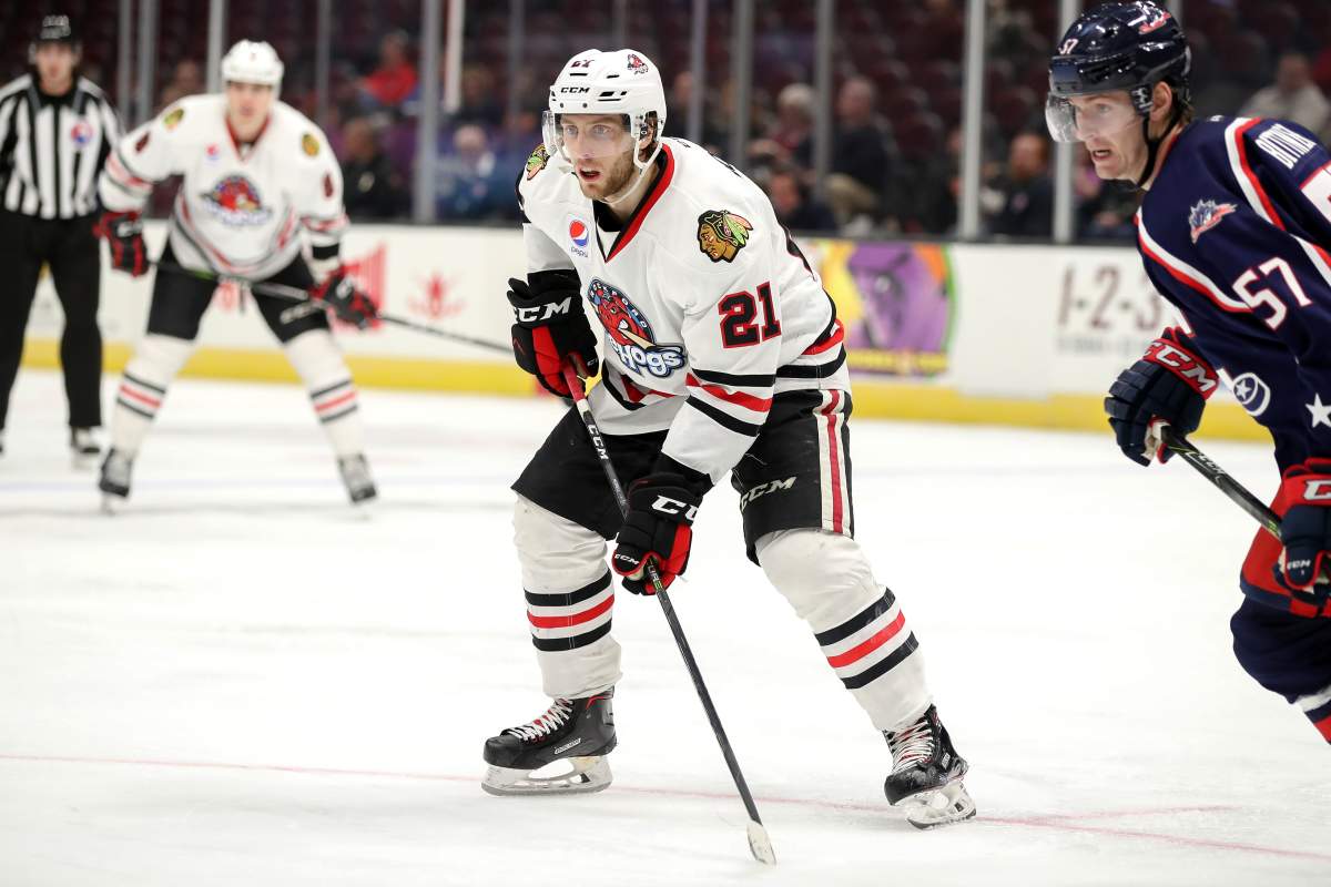 Robin Norell (21) on the ice during the third period of the American Hockey League game between the Rockford IceHogs and Cleveland Monsters on January 17, 2018, at Quicken Loans Arena in Cleveland, OH.
