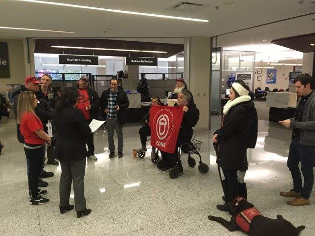 Tenants' rights advocates issued their appeal to Hamilton city councillors during an event at city hall on Thursday.