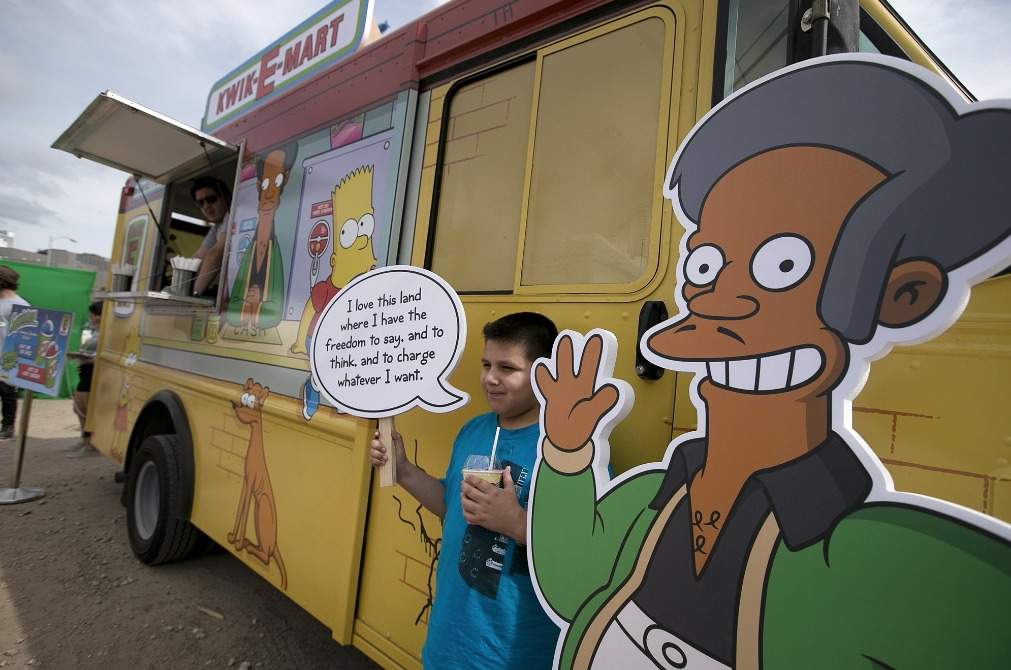 In this March 15, 2015 file photo, an Apu cutout is displayed at a 'Simpsons' Kwik-E-Mart Truck in Austin, Texas. 