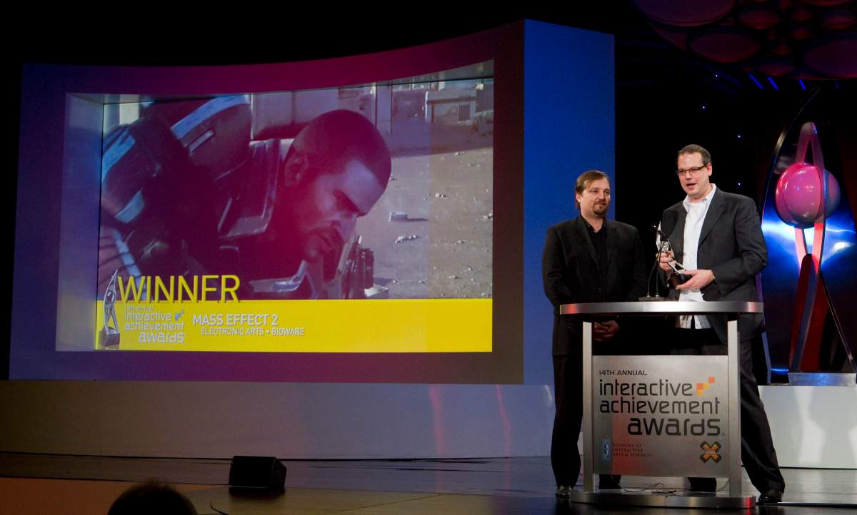 BioWare Co-Founder and Vice President, Greg Zeschuck, left, and BioWare Co-Founder and Senior Vice President Ray Muzyka, accept the award for Game of The Year for Mass Effect 2 during the 14th annual Interactive Achievement Awards, Thursday Feb. 10, 2011, at The Red Rock Resort and Casino in Las Vegas.  (Elisabeth Caren/AP Images for AIAS).