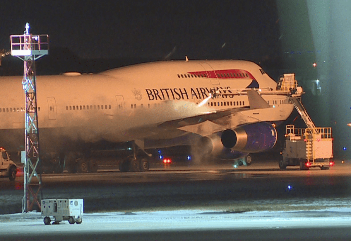 A British Airways Boeing 747 de-icing after being diverted to Winnipeg from London, U.K., on its way to San Diego, Calif.