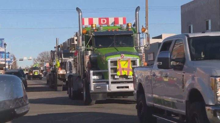 In Brooks, nearly 450 trucks convoyed north of the Highway 873 overpass travelling south into the city on Saturday.
