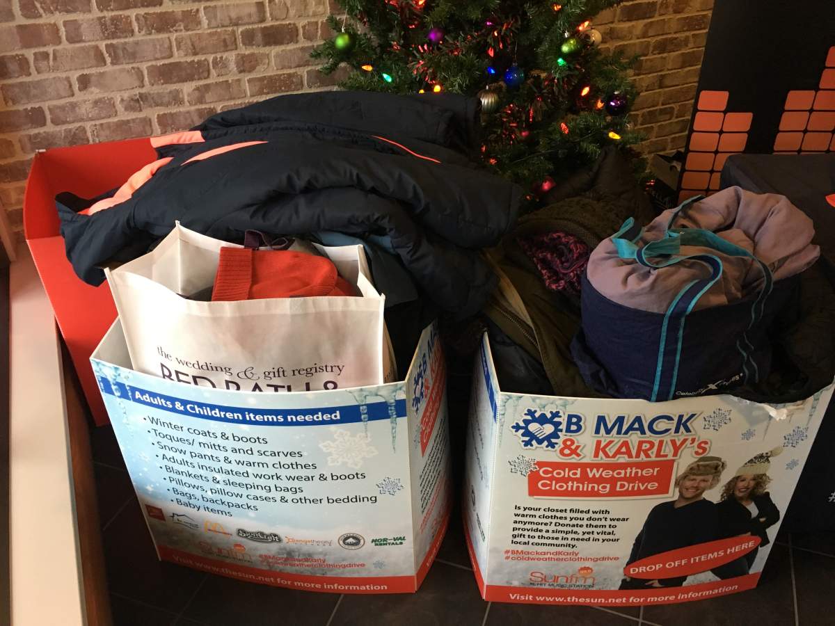 The ‘Cold Weather Clothing Drive’ kicked off by Sun FM morning hosts B Mack and Karly on Monday morning runs through until Feb.10.