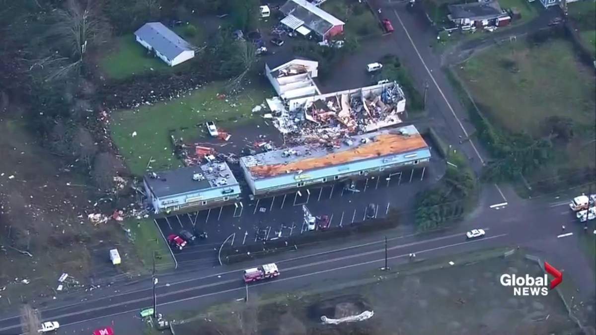Damage from the tornado can be seen in this aerial view. Credit: King 5 News.