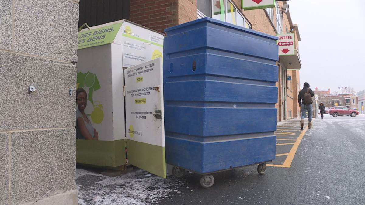 Robbery of donation bins, similar to this one for Renaissance Montreal, has spiked in recent weeks.  (Global News).