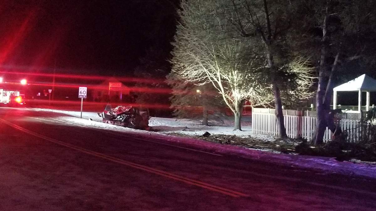 A red pickup truck sits in the ditch near John Wise Line and Springwater Road following a fatal single-vehicle collision in Central Elgin.
