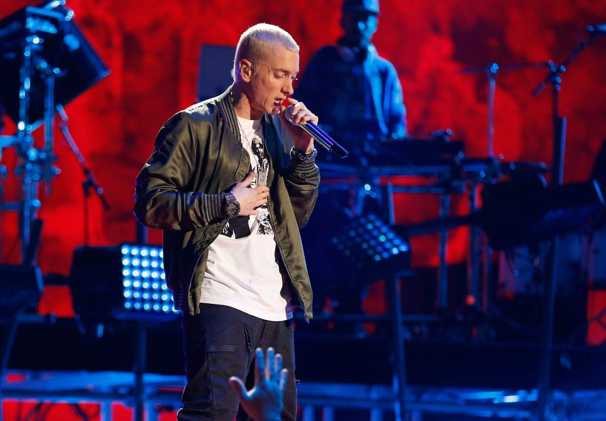 Eminem performs at the 2014 MTV Movie Awards at Nokia Theatre L.A. Live on April 13, 2014, in Los Angeles, Calif.