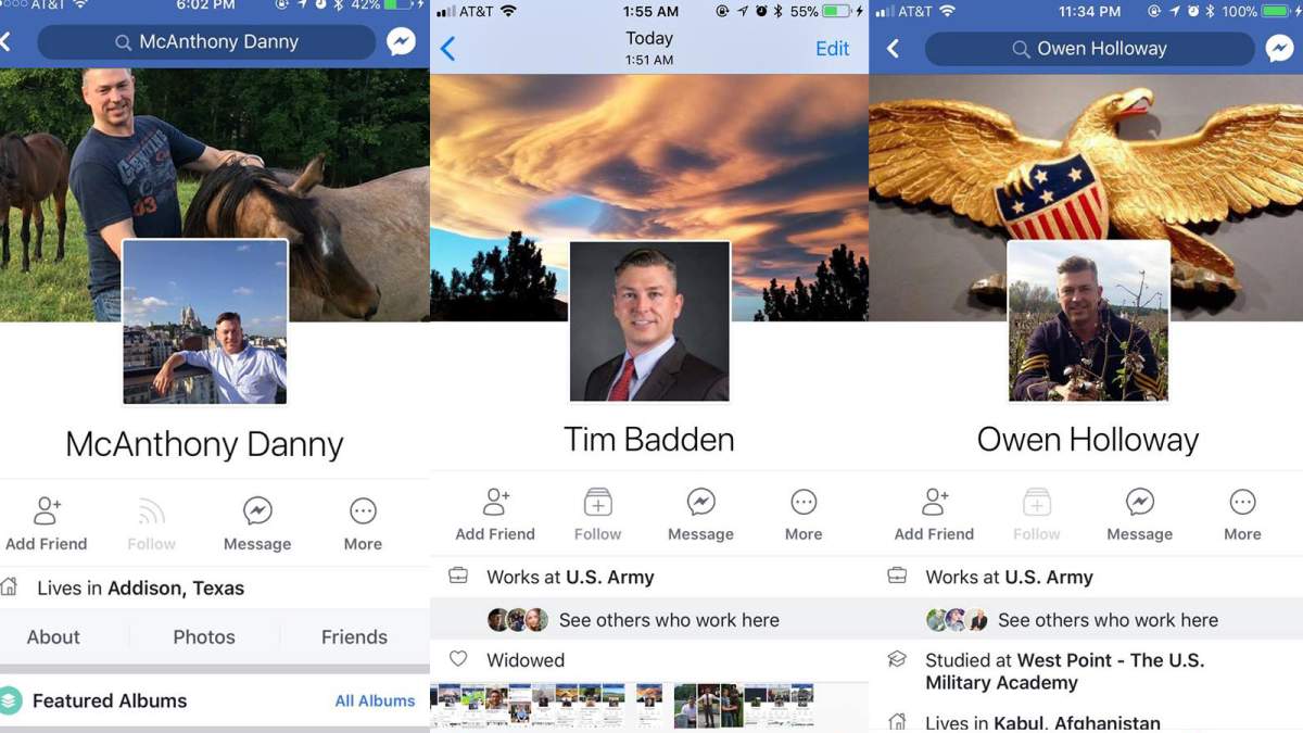 These fake Facebook accounts were created with photos of retired U.S. Army Col. Bryan Denny.