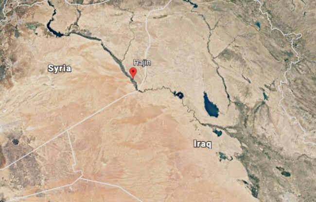 The location of Hajin in eastern Syria is seen in a satellite image.
