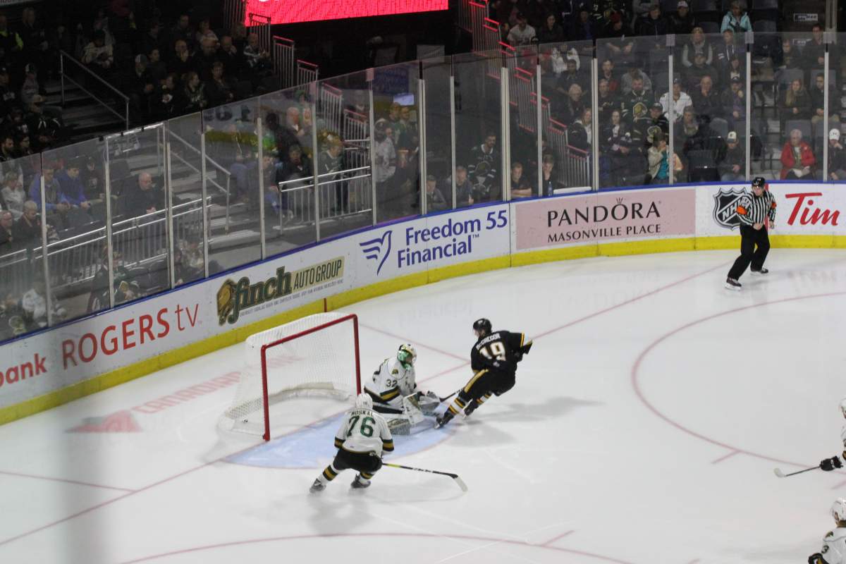 London Knights goalie Joseph Raaymakers makes one of his 32 saves in London’s 6-3 win over Sarnia.