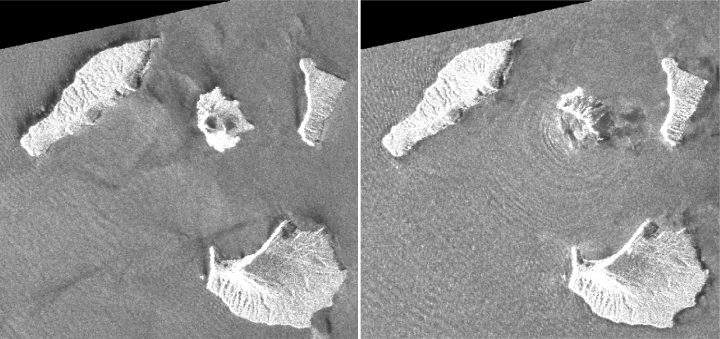 This combination of synthetic aperture radar images taken by JAXA’s ALOS-2 satellite and analyzed by Geospatial Information Authority of Japan shows Indonesia’s Anak Krakatau volcano, center in images, before and after the Dec. 22, 2018, eruption.