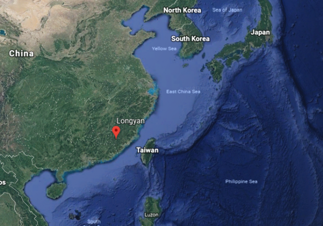 The location of Longyan in China's southwestern Fujian province is seen in this screenshot from Google Earth.